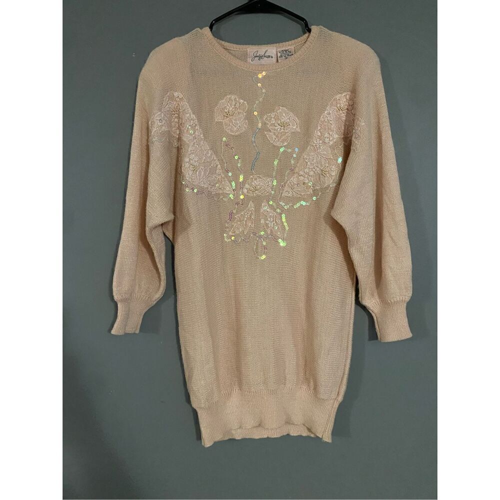 Jaclyn Smith Pink Vintage Beaded Floral Shoulder Pad Sweater Size Small